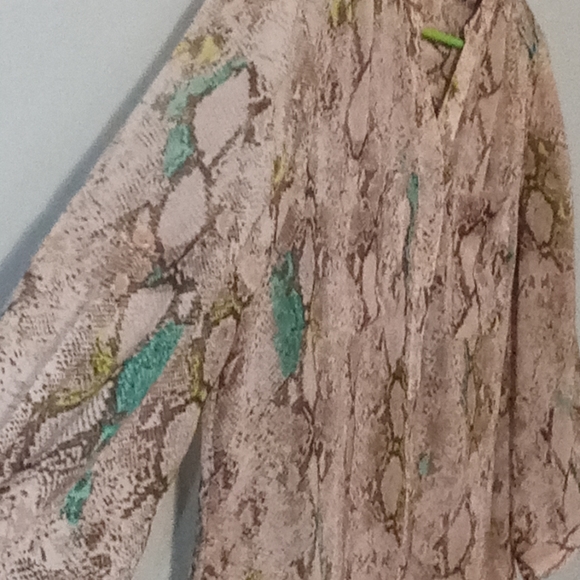 Covington Essentials Sheer Blouse Size Medium Print Tan Brown Green Teal - Picture 6 of 12